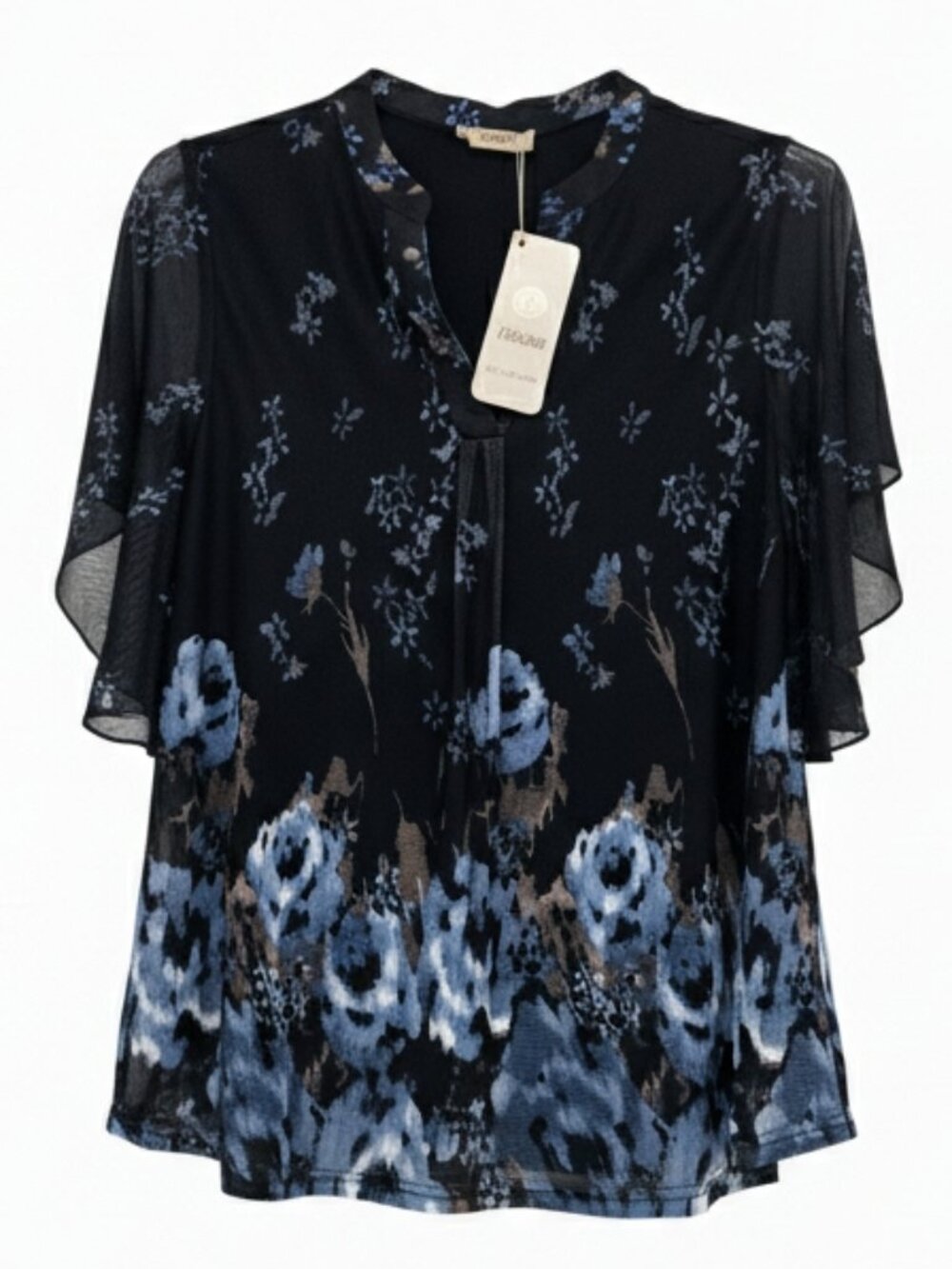 Timeson*Blue Floral Double Layer Mesh Blouse w/Sheer Flutter Sleeves*Size: M